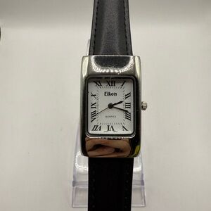 Eikon Women's Watch Black Band Silver Rectangle Bezel (New Battery)